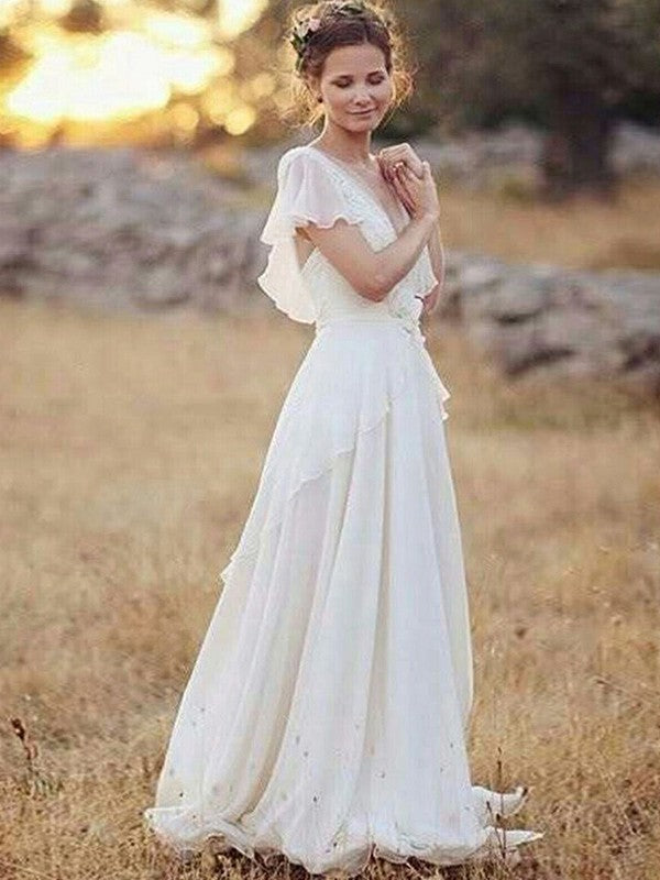 A-Line V-Neck Chiffon Short Sleeve Floor-Length Wedding Dress - Chloe Dress