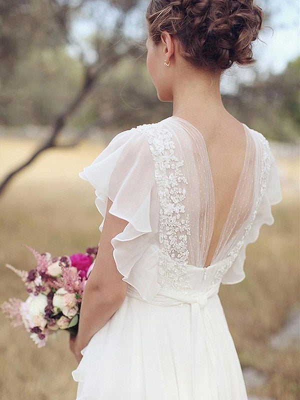 A-Line V-Neck Chiffon Short Sleeve Floor-Length Wedding Dress - Chloe Dress