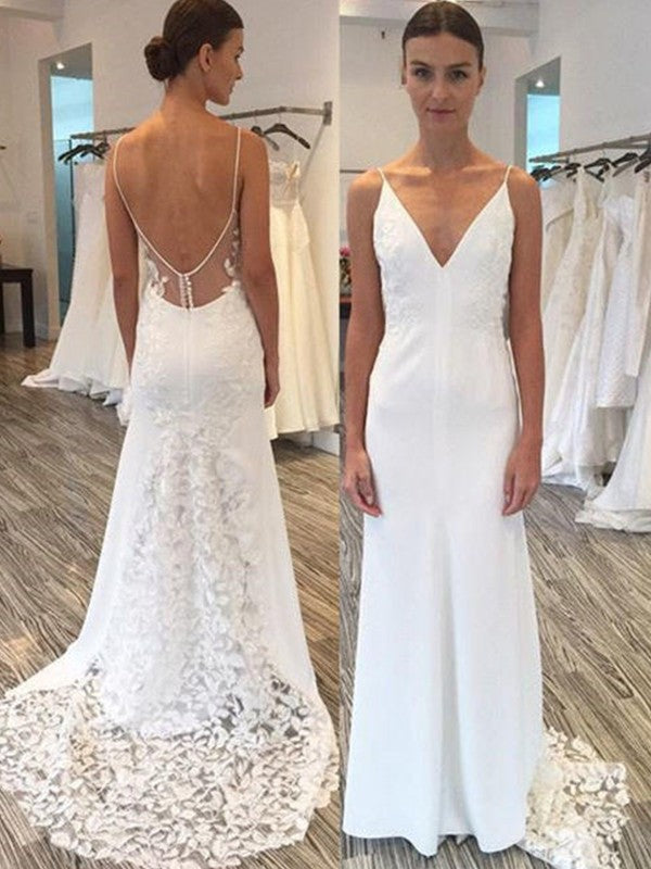 Sheath Spaghetti Strap Satin Sleeveless Train Wedding Dress - Chloe Dress