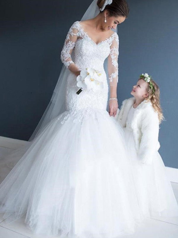 Mermaid V-Neck Tulle Three-Quarter Sleeve Train Wedding Dress - Chloe Dress