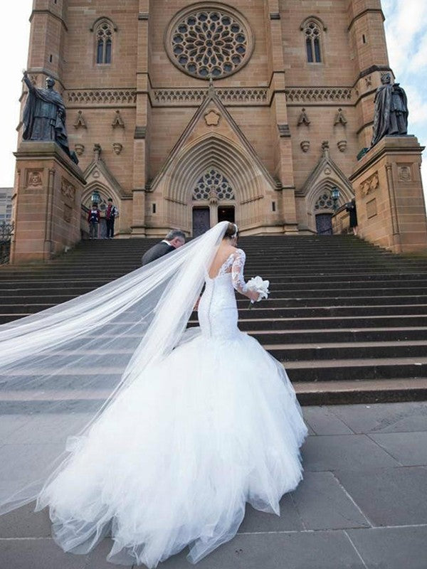 Mermaid V-Neck Tulle Three-Quarter Sleeve Train Wedding Dress - Chloe Dress