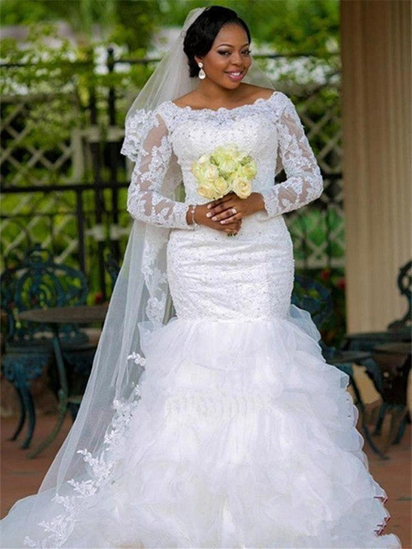 Mermaid Square Neck Organza Long Sleeve Train Wedding Dress - Chloe Dress