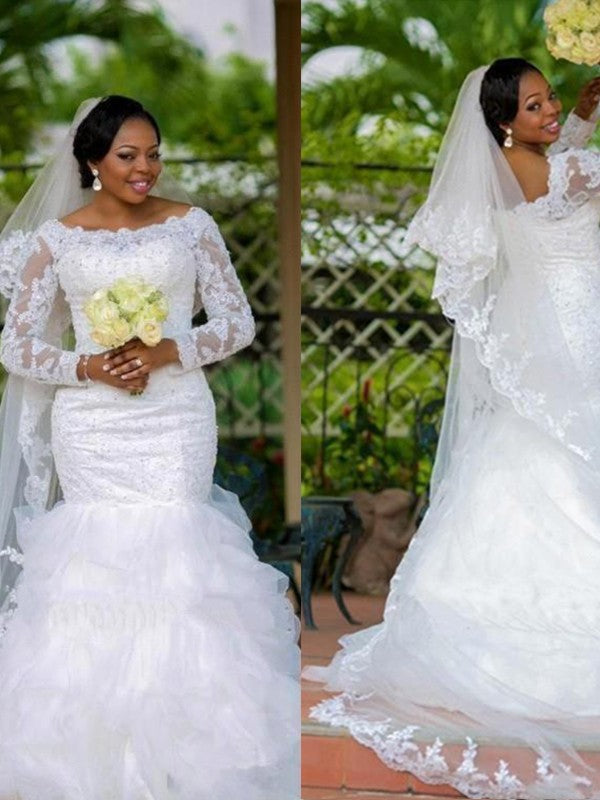 Mermaid Square Neck Organza Long Sleeve Train Wedding Dress - Chloe Dress