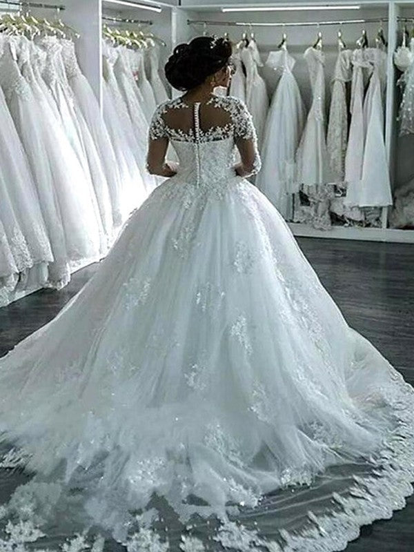 Ball Gown Tulle Long Sleeve Train Wedding Gown - Chloe Dress