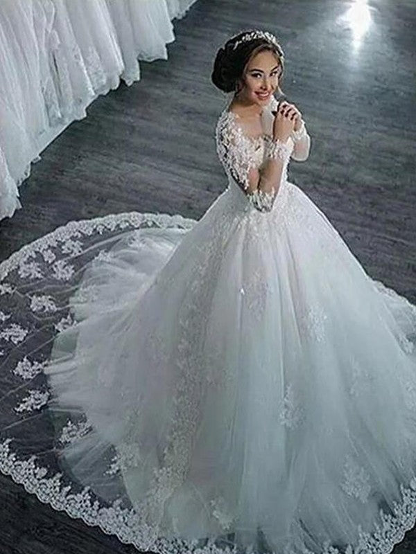 Ball Gown Tulle Long Sleeve Train Wedding Gown - Chloe Dress