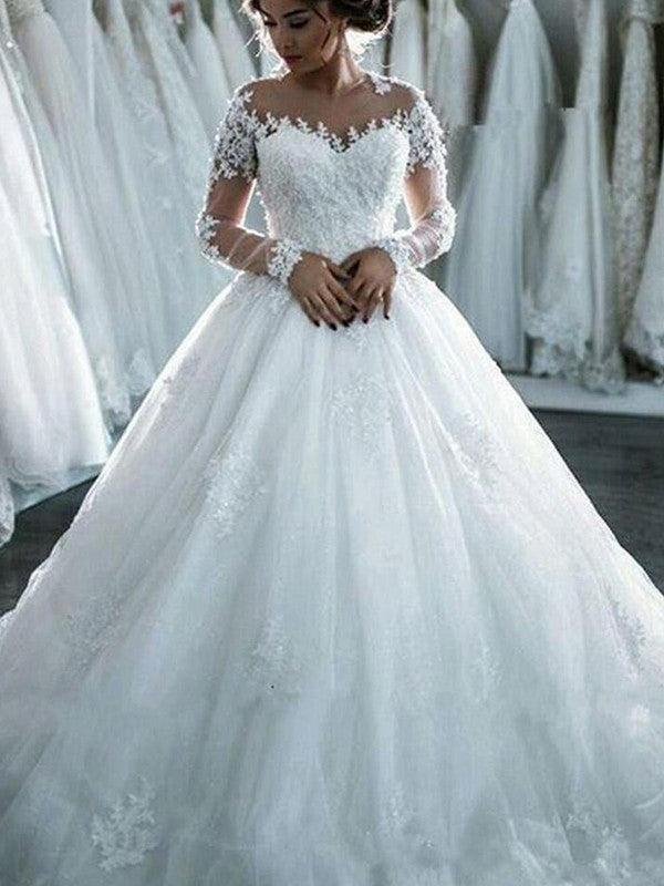 Ball Gown Tulle Long Sleeve Train Wedding Gown - Chloe Dress