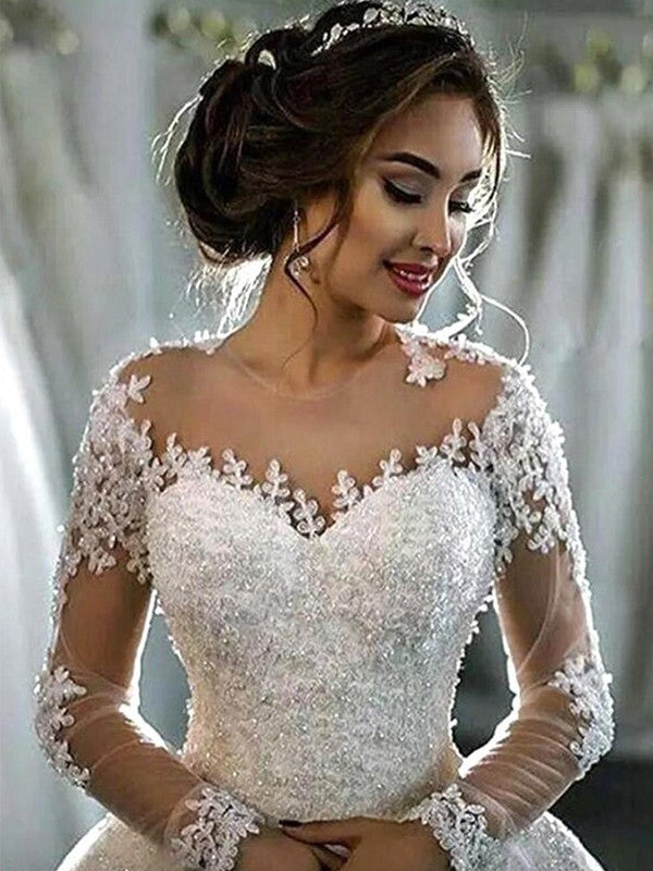 Ball Gown Tulle Long Sleeve Train Wedding Gown - Chloe Dress