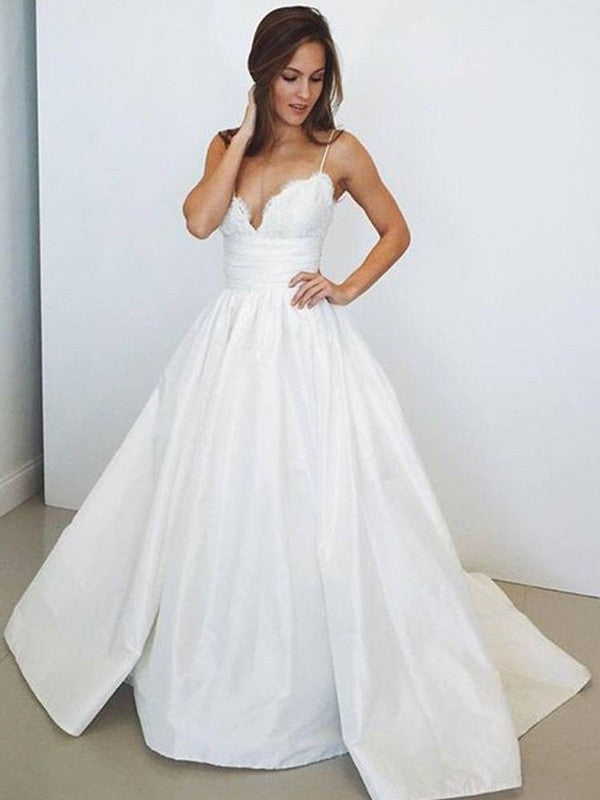 Ball Gown Spaghetti Strap Satin Sleeveless Train Wedding Gown - Chloe Dress