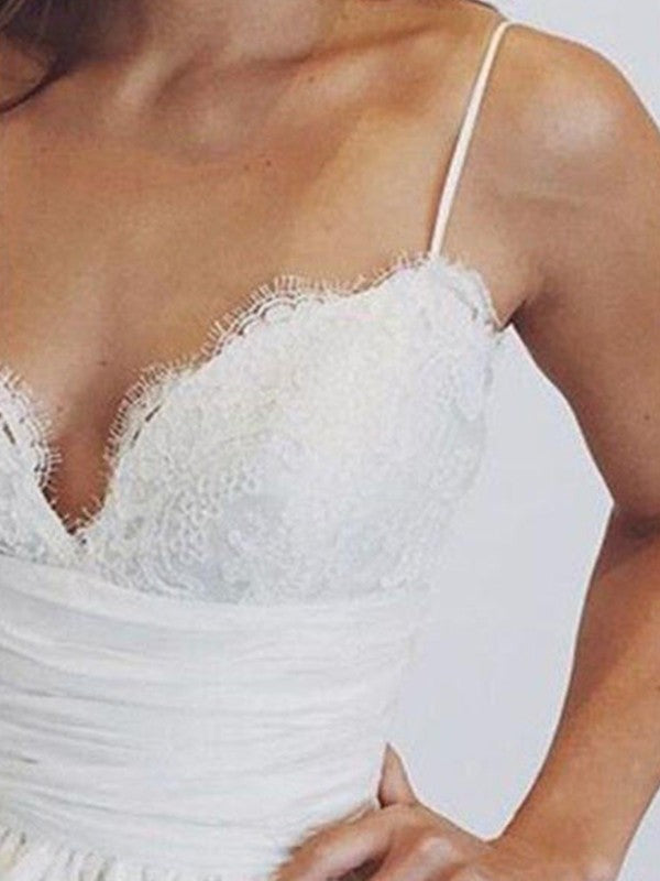 Ball Gown Spaghetti Strap Satin Sleeveless Train Wedding Gown - Chloe Dress
