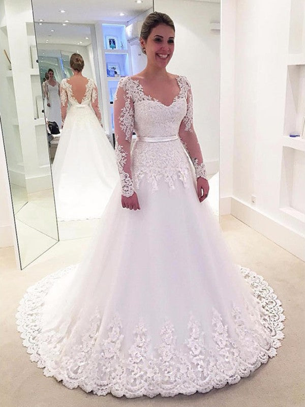 A-Line V-Neck Tulle Long Sleeve Train Wedding Dress - Chloe Dress