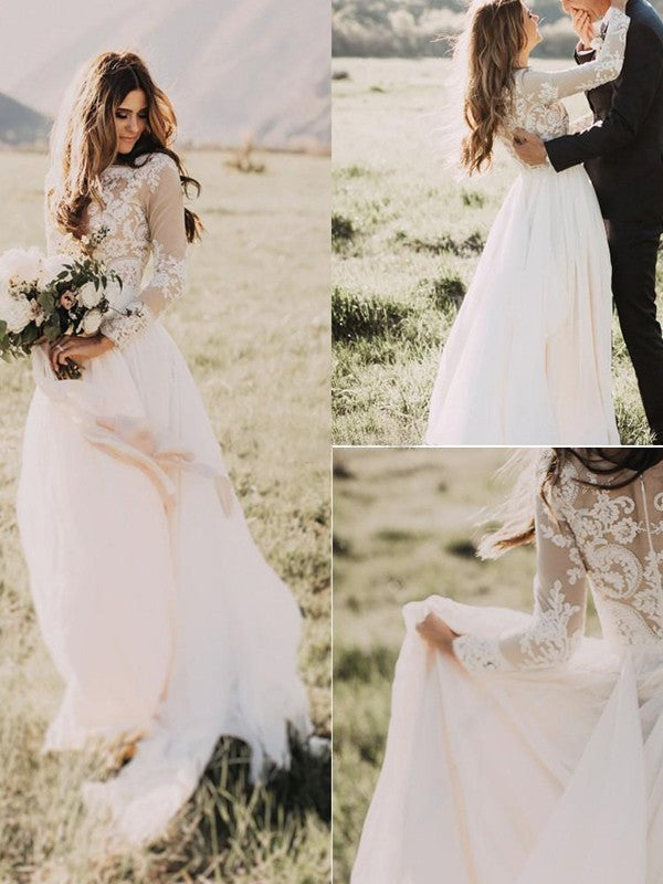 A-Line Tulle Long Sleeve Train Wedding Dress - Chloe Dress