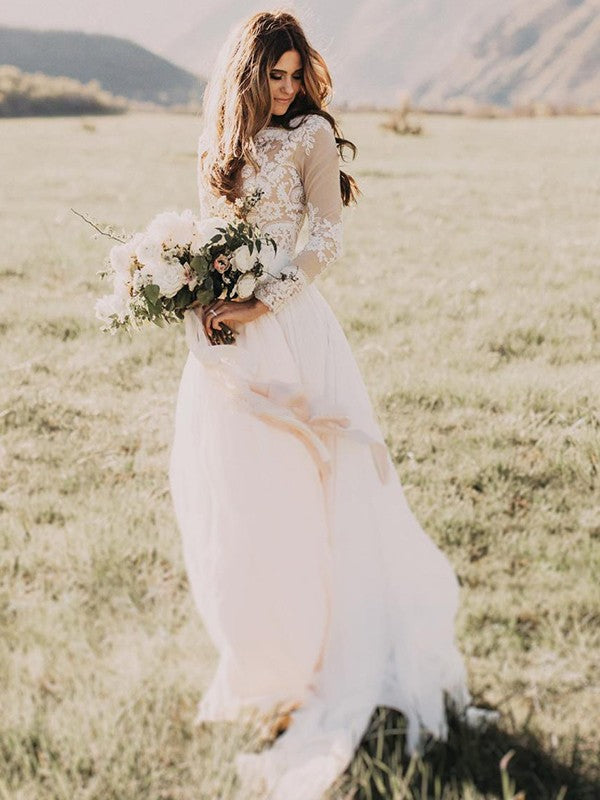 A-Line Tulle Long Sleeve Train Wedding Dress - Chloe Dress