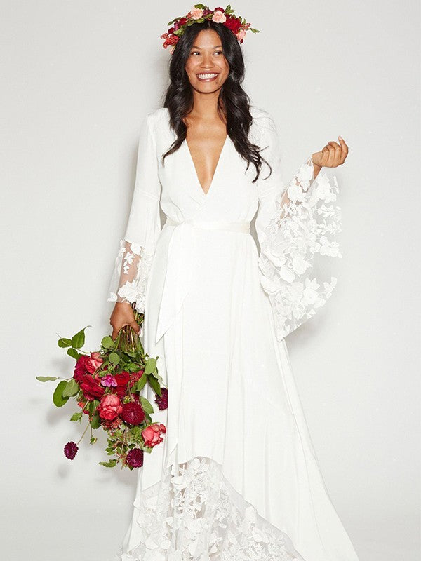 A-Line V-Neck Chiffon Long Sleeve Train Wedding Dress - Chloe Dress