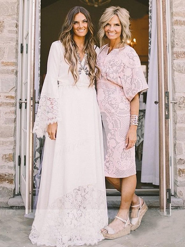 A-Line V-Neck Chiffon Long Sleeve Train Wedding Dress - Chloe Dress