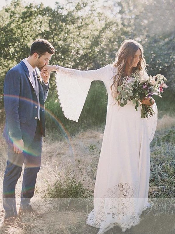 A-Line V-Neck Chiffon Long Sleeve Train Wedding Dress - Chloe Dress