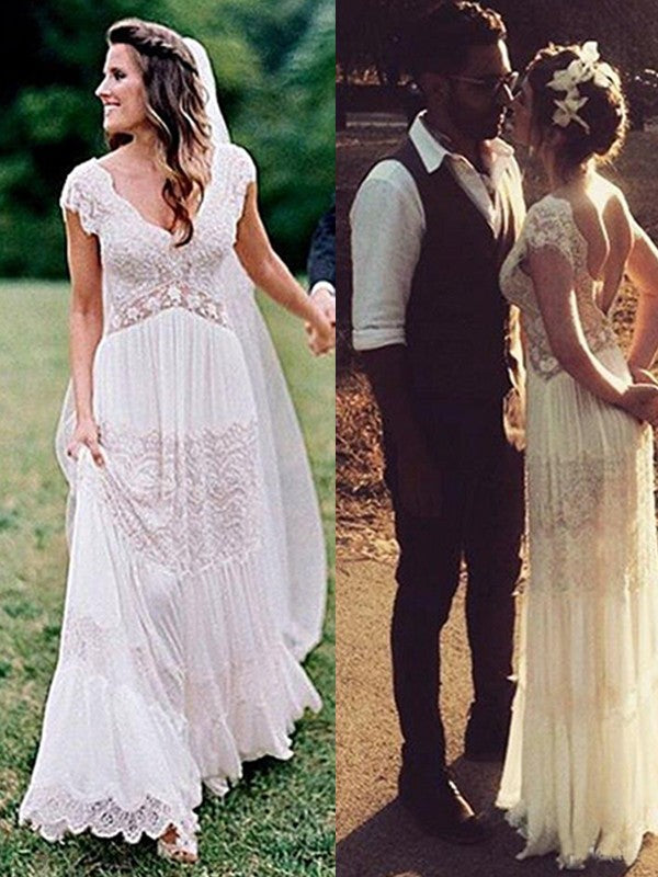 A-Line V-Neck Lace Short Sleeve Floor-Length Wedding Dress - Chloe Dress