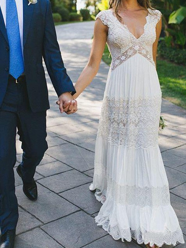 A-Line V-Neck Lace Short Sleeve Floor-Length Wedding Dress - Chloe Dress