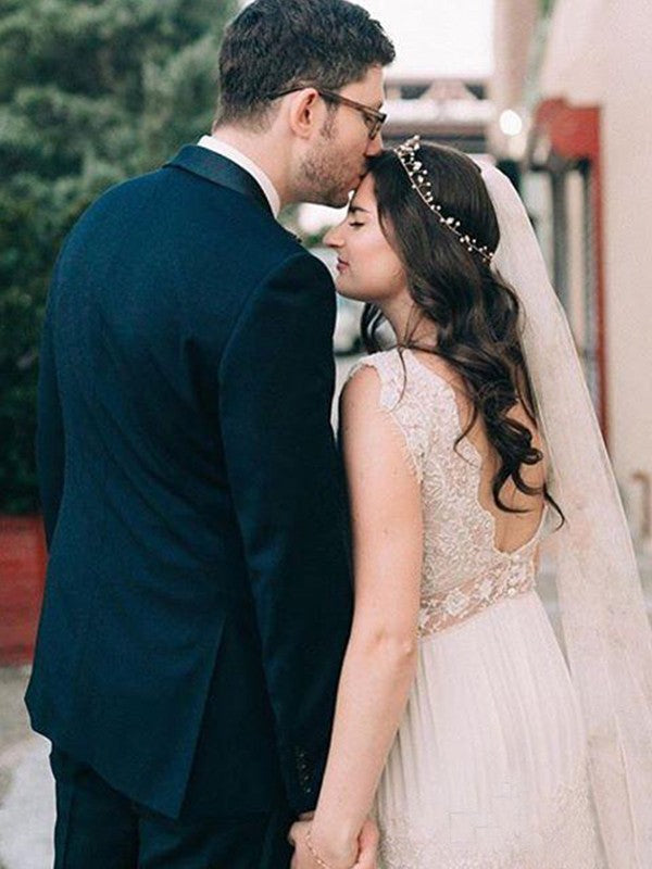 A-Line V-Neck Lace Short Sleeve Floor-Length Wedding Dress - Chloe Dress