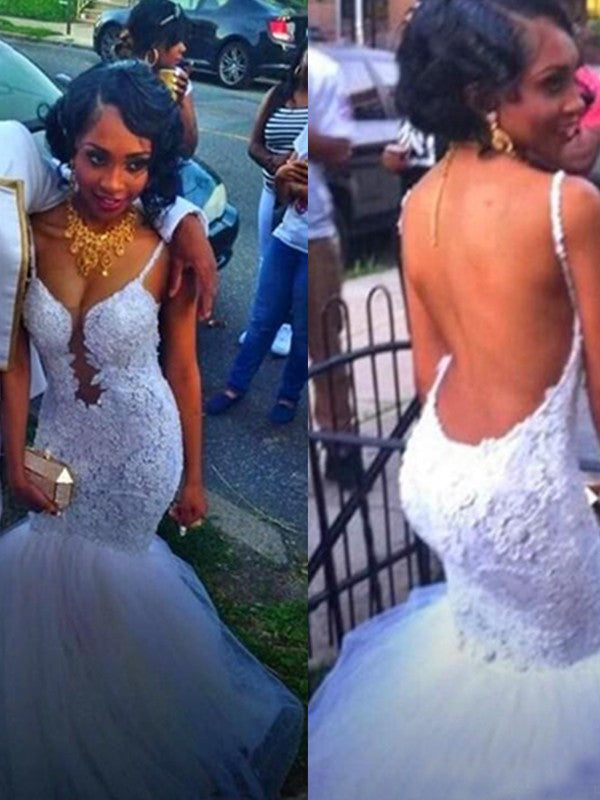 Mermaid Spaghetti Strap Tulle Sleeveless Applique Floor-Length Wedding Dress - Chloe Dress