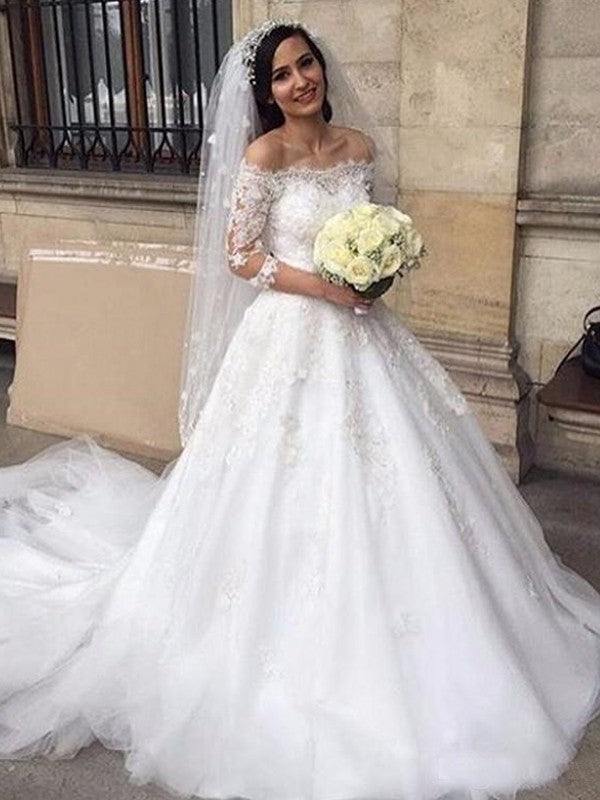 Ball Gown Tulle Three-Quarter Sleeve Train Wedding Gown - Chloe Dress