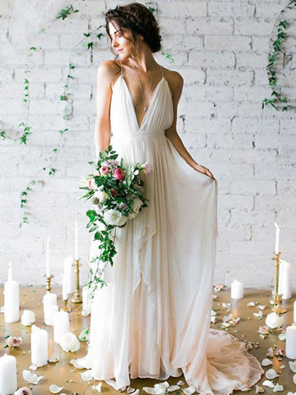 A-Line Spaghetti Strap Chiffon Sleeveless Ruffled Wedding Dress - Chloe Dress