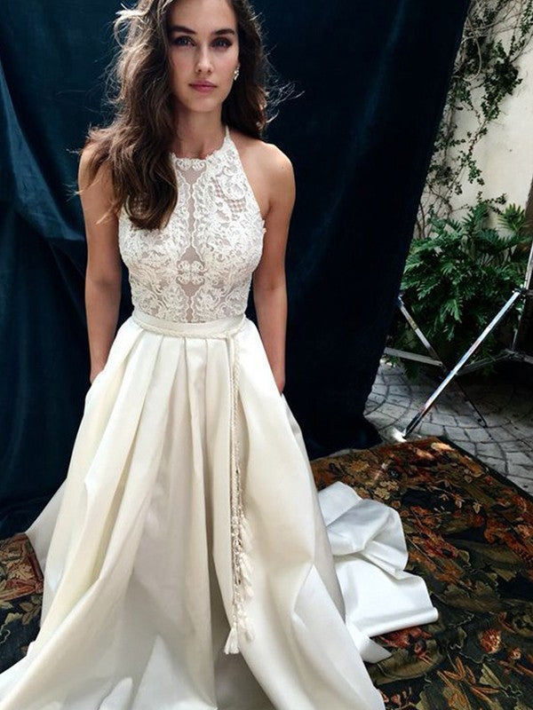 A-Line Halter Satin Sleeveless Train Wedding Dress - Chloe Dress