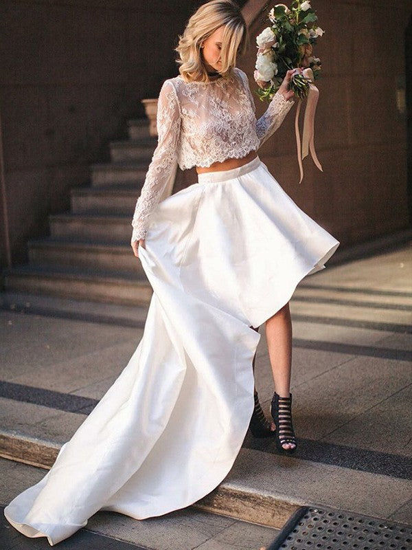 A-Line Satin Long Sleeve Train Wedding Dress - Chloe Dress
