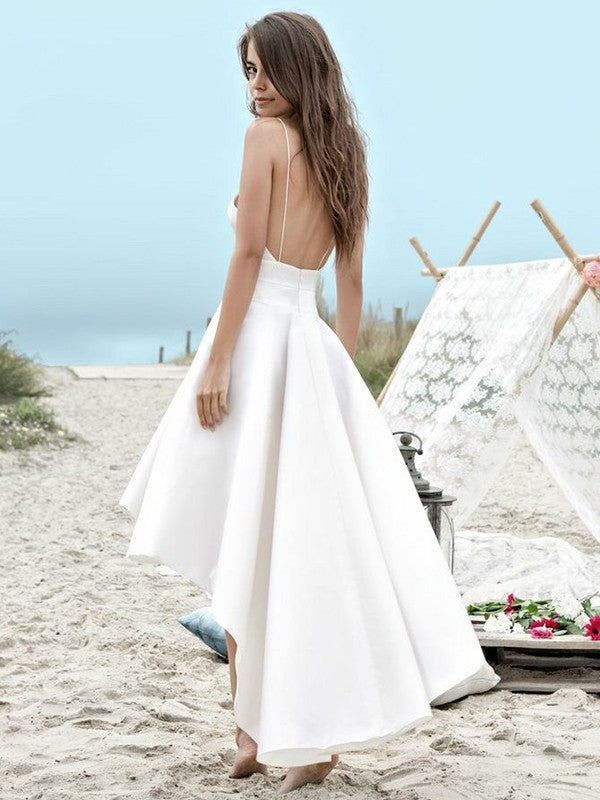 A-Line Spaghetti Strap Satin Sleeveless Asymmetric Wedding Dress - Chloe Dress