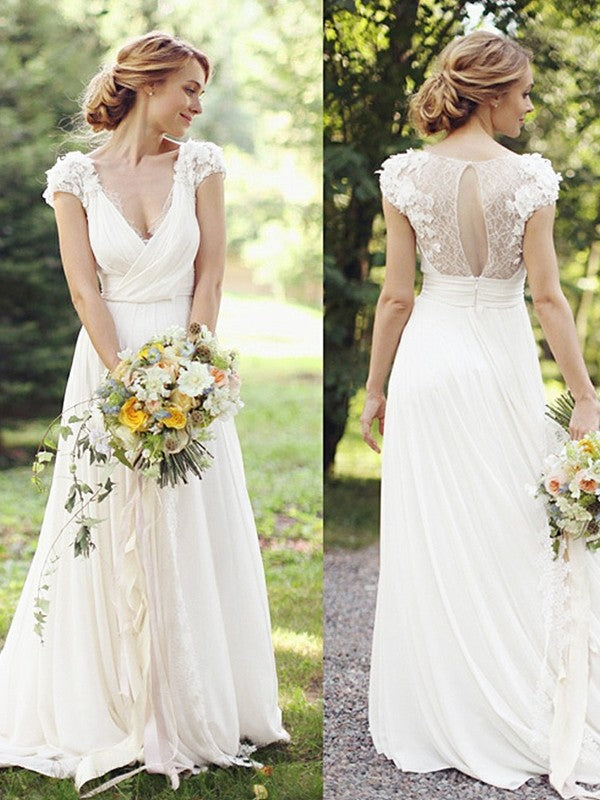 A-Line V-Neck Chiffon Short Sleeve Train Mini Wedding Dress - Chloe Dress