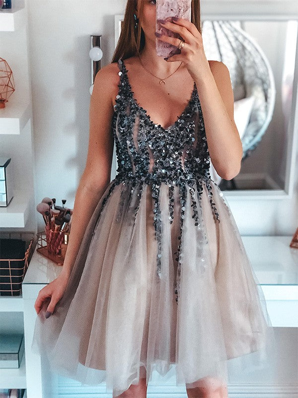 A-Line V-Neck Tulle Sleeveless Mini Dress - Chloe Dress