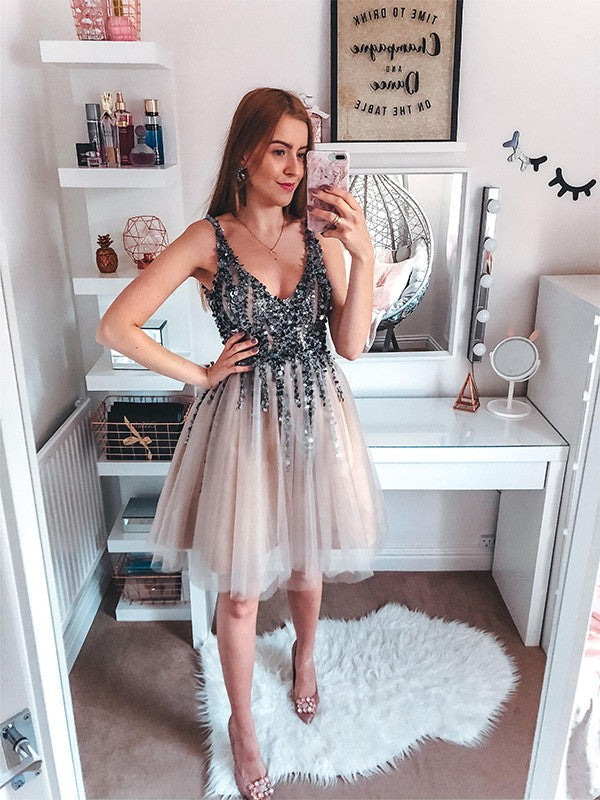 A-Line V-Neck Tulle Sleeveless Mini Dress - Chloe Dress