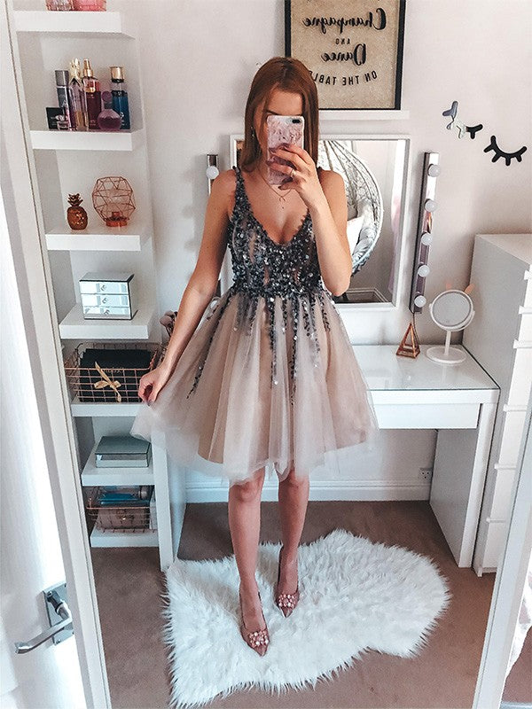A-Line V-Neck Tulle Sleeveless Mini Dress - Chloe Dress