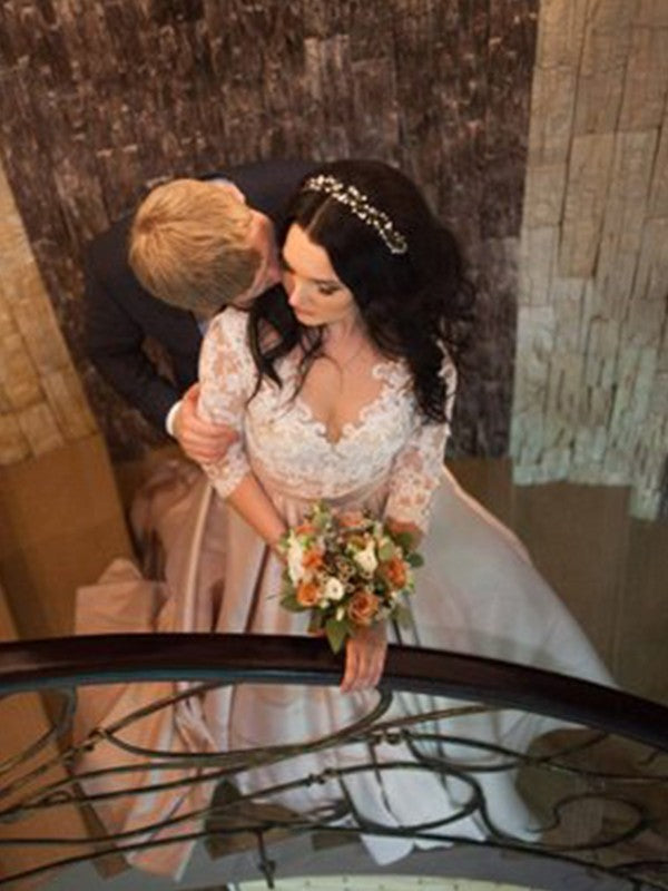 Ball Gown V-Neck Satin Long Sleeve Train Wedding Gown - Chloe Dress