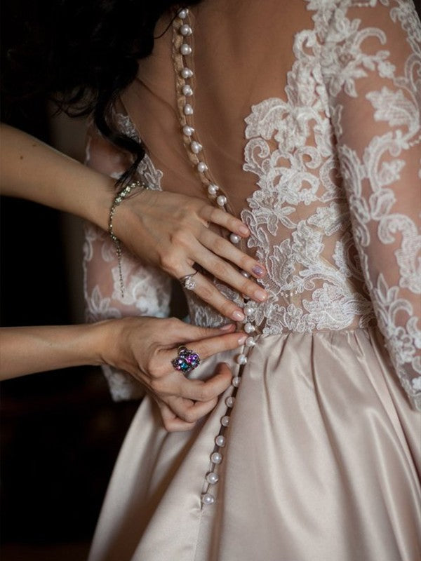 Ball Gown V-Neck Satin Long Sleeve Train Wedding Gown - Chloe Dress
