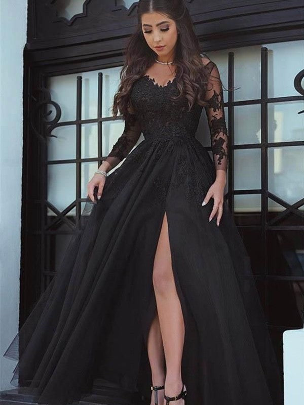 Ball Gown V-Neck Tulle Long Sleeve Applique Floor-Length Gown - Chloe Dress