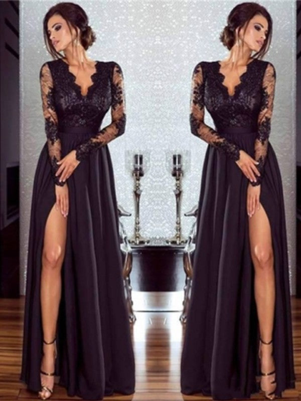 A-Line V-Neck Satin Long Sleeve Applique Floor-Length Dress - Chloe Dress