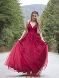 A-Line V-Neck Tulle Sleeveless Applique Floor-Length Dress - Chloe Dress