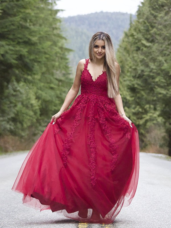 A-Line V-Neck Tulle Sleeveless Applique Floor-Length Dress - Chloe Dress
