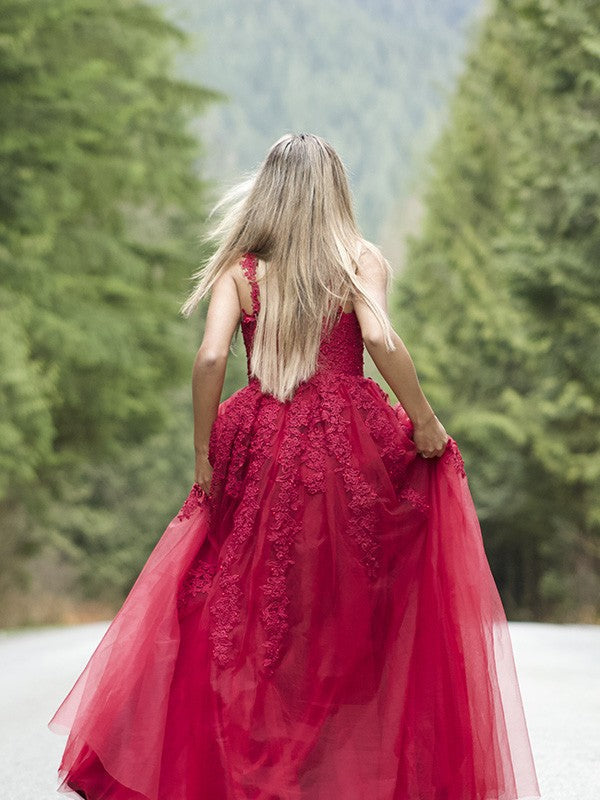 A-Line V-Neck Tulle Sleeveless Applique Floor-Length Dress - Chloe Dress