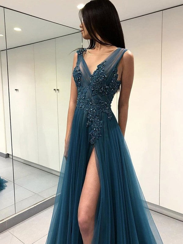 A-Line V-Neck Tulle Sleeveless Applique Floor-Length Dress - Chloe Dress