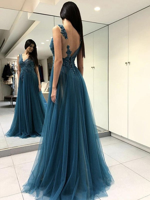 A-Line V-Neck Tulle Sleeveless Applique Floor-Length Dress - Chloe Dress