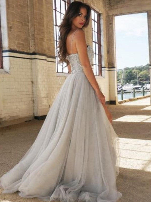 A-Line Spaghetti Strap Tulle Sleeveless Train Dress - Chloe Dress