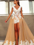 A-Line V-Neck Lace Sleeveless Train Dress - Chloe Dress
