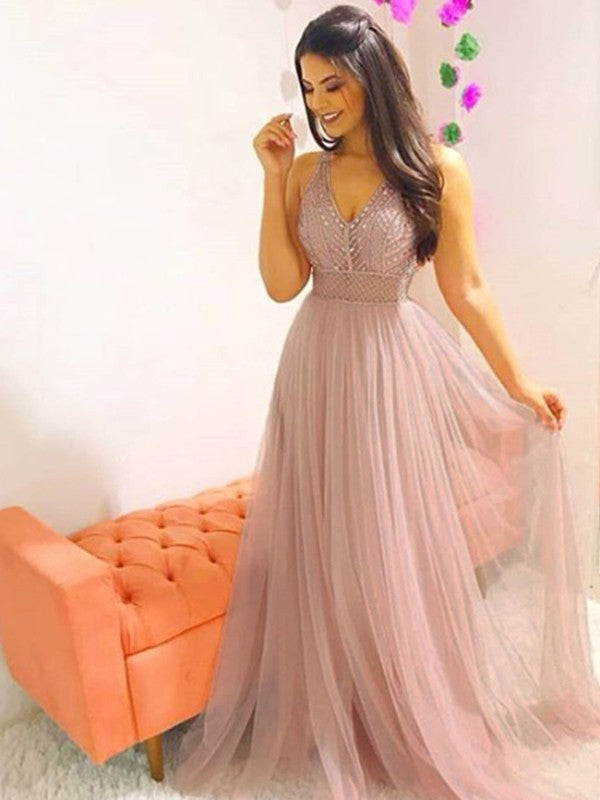 A-Line V-Neck Tulle Sleeveless Train Dress - Chloe Dress