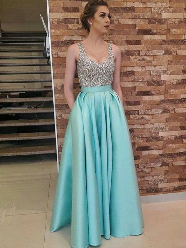 A-Line V-Neck Satin Sleeveless Floor-Length Dress - Chloe Dress