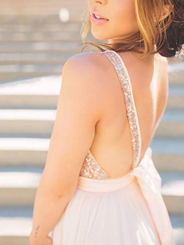 A-Line V-Neck Sequin Sleeveless Train Dress - Chloe Dress