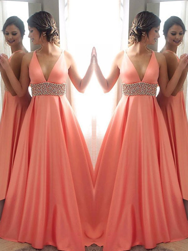 A-Line V-Neck Satin Sleeveless Train Dress - Chloe Dress