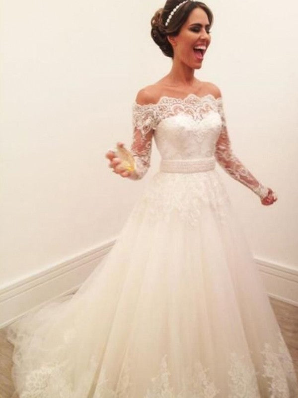 A-Line Tulle Long Sleeve Train Wedding Dress - Chloe Dress