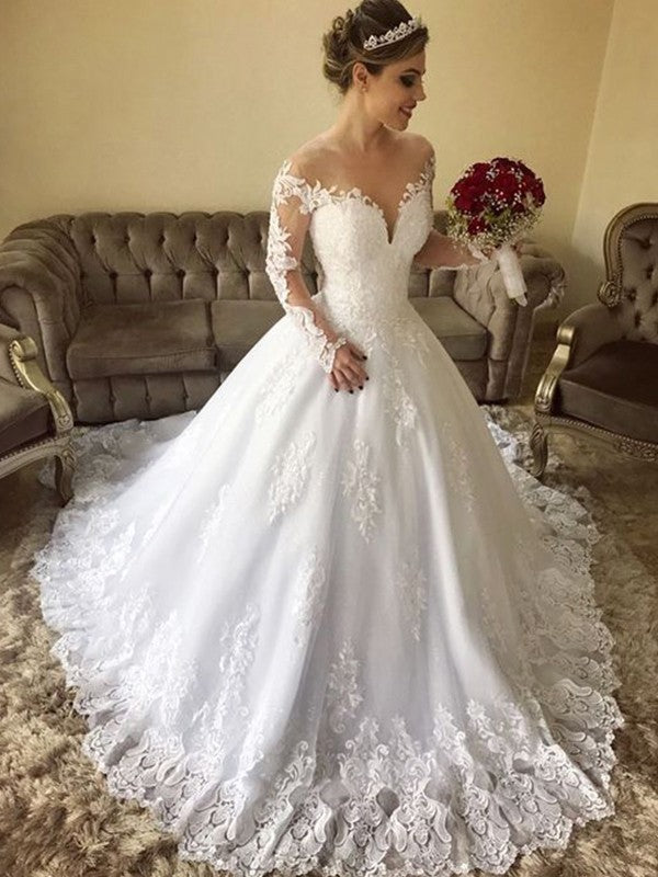 Ball Gown Tulle Long Sleeve Train Wedding Gown - Chloe Dress