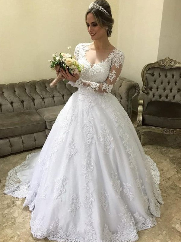 Ball Gown V-Neck Satin Long Sleeve Train Wedding Gown - Chloe Dress